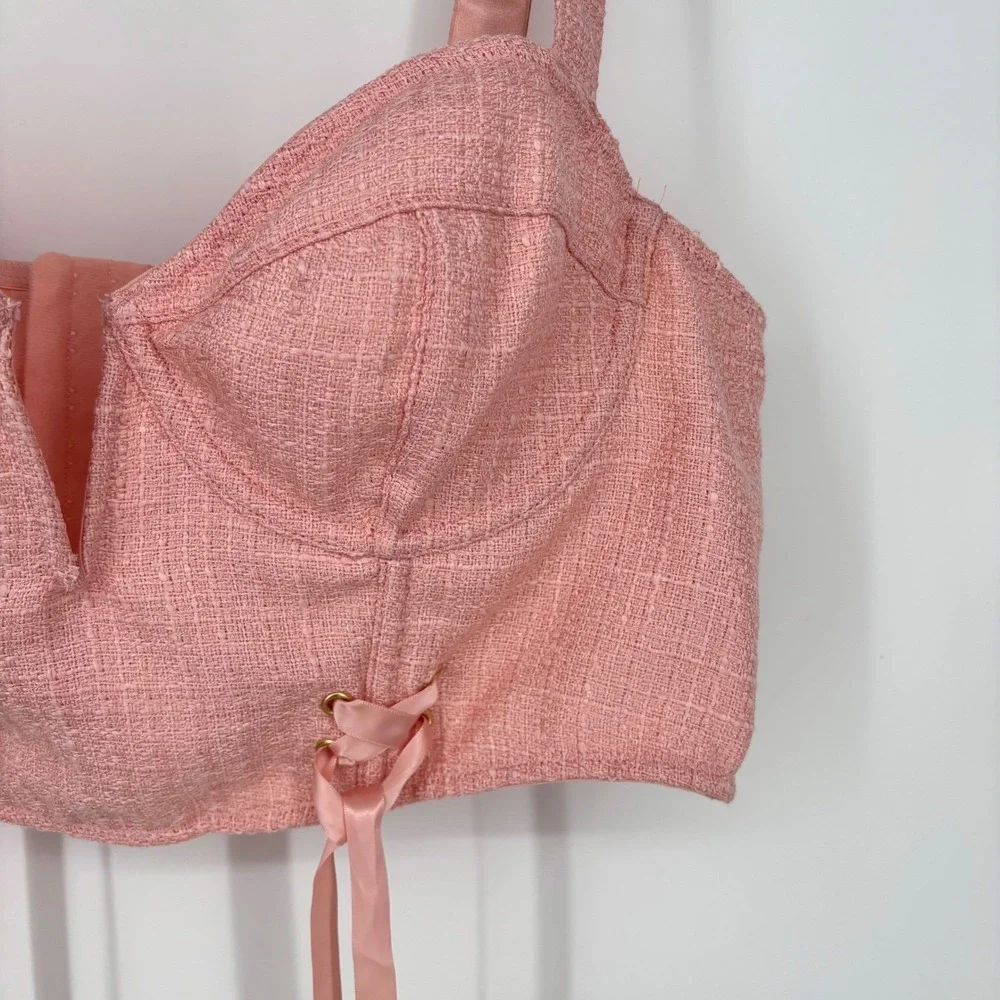 Anthropologie Tweed Corset Bustier Top Sz XL Pink Ribbons Feminine Sexy Romantic - Picture 7 of 14